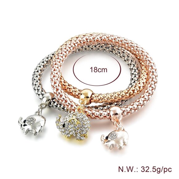 Set of 3 Braided Metal Charm Bracelets with Crystal Elephant Pendants - Picture 8 of 14
